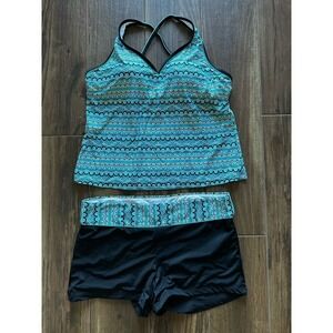 South Point Tankini Swimsuit Size 20W Blue Black 20W 2 Piece Padded Top Shorts